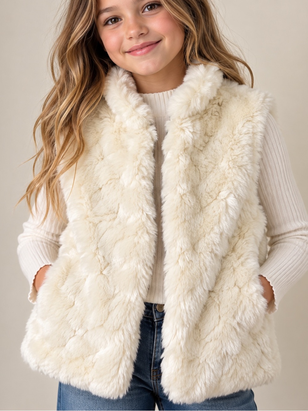 Gap Kids Faux Fur Vest Girls XXL 14–16 Ivory Cream Plush Clasp Closure